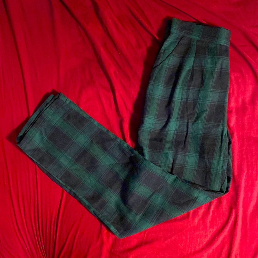 Green Black Plaid Straight Leg Trousers
